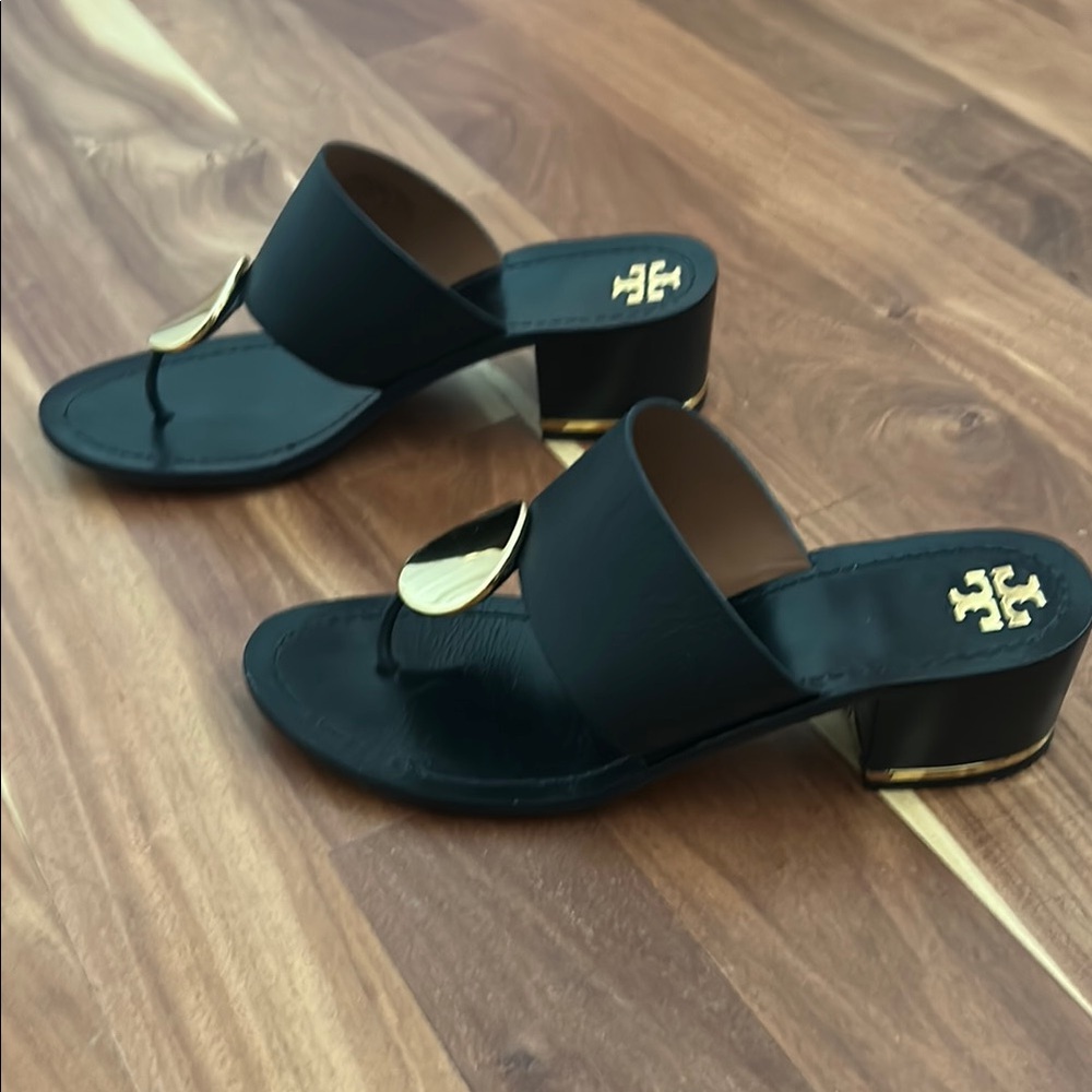 Tory Burch Black Sandals with Gold Accents - Picture 2 of 8